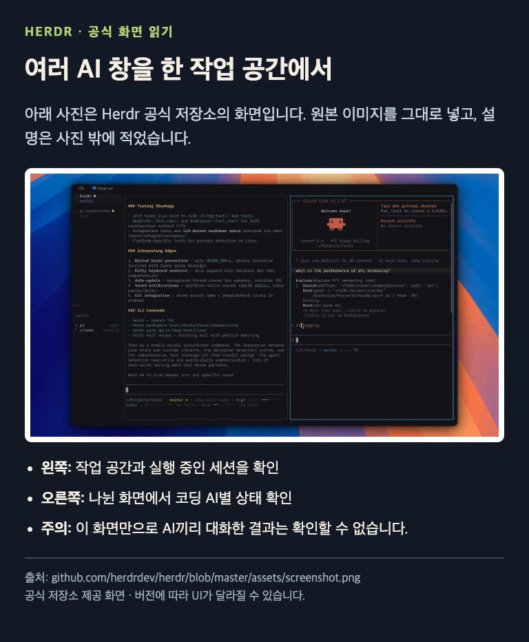 babayagamoto's tweet photo. Ghostty는 터미널 앱, Herdr는 그 안의 AI 작업 관리자예요. tmux는 필수가 아닙니다.

설치 후 herdr → 화면 나누기 → claude 또는 codex 실행.
검토 AI에 “파일 수정 금지”를 붙여 보세요.

AI 요금은 별도. 잠든 노트북에선 계속 돌지 않아요.

https://t.co/2RLjr3y3bZ
https://t.co/AQPFUCt1KQ https://t.co/O94aslYB0F
