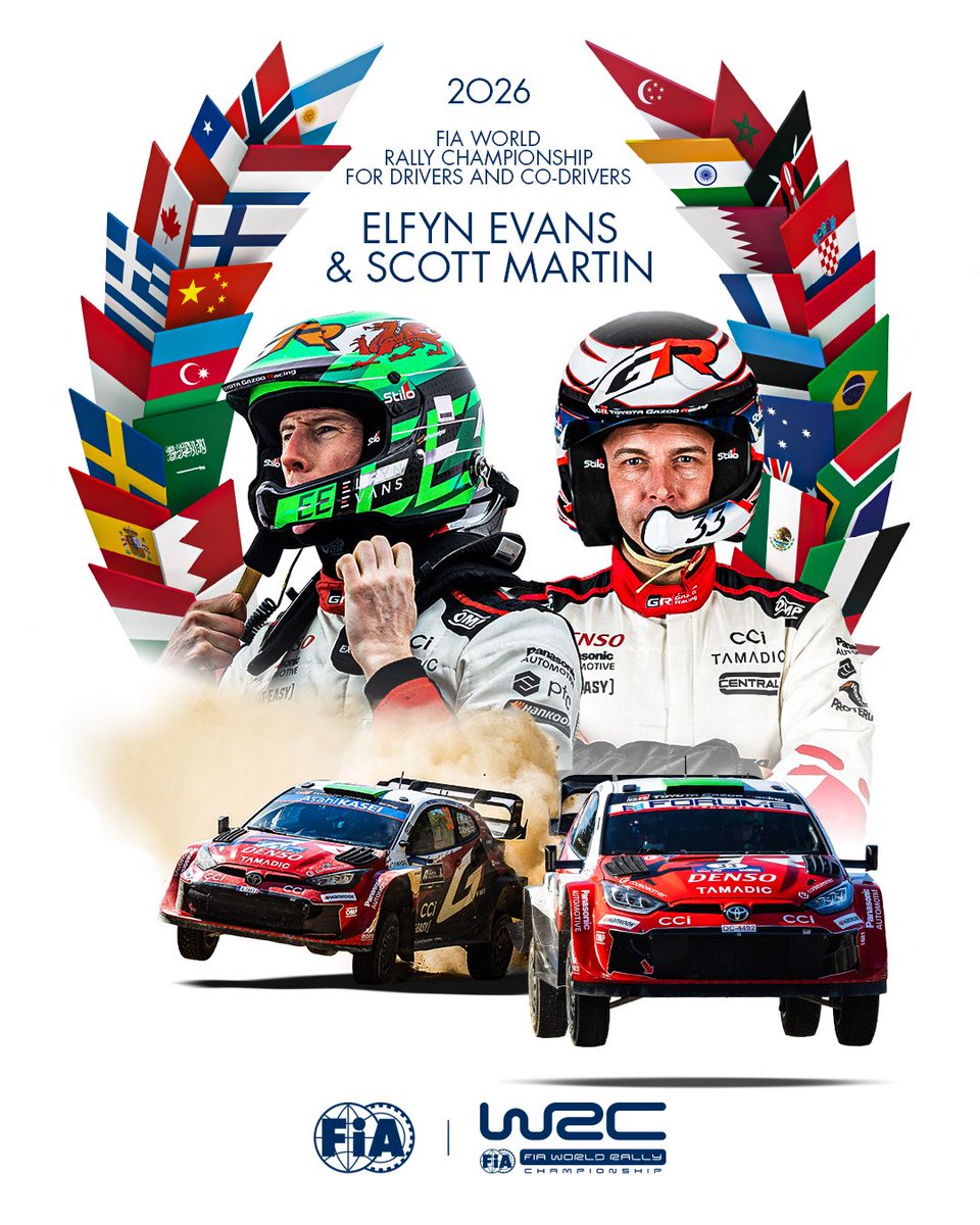 fia's tweet photo. 🏆 WORLD CHAMPIONS! 🏆

Elfyn Evans and Scott Martin are your 2026 FIA World Rally Champions! 👏👏

A first-ever Drivers’ and Co-Drivers’ World Championship title for the pairing, secured at Rally Italia Sardegna! 🏆🇮🇹

#FIA #WRC https://t.co/KofRijlpMn