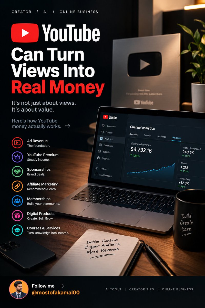mostofakamal00's tweet photo. 💡YouTube can turn 100,000 views into a business.

But here’s what most creators misunderstand:

YouTube doesn’t reward attention alone.
It rewards valuable attention.

The difference can be worth thousands of dollars.

Here’s how the YouTube money machine actually works 🧵👇 https://t.co/kOoRHcLIsU
