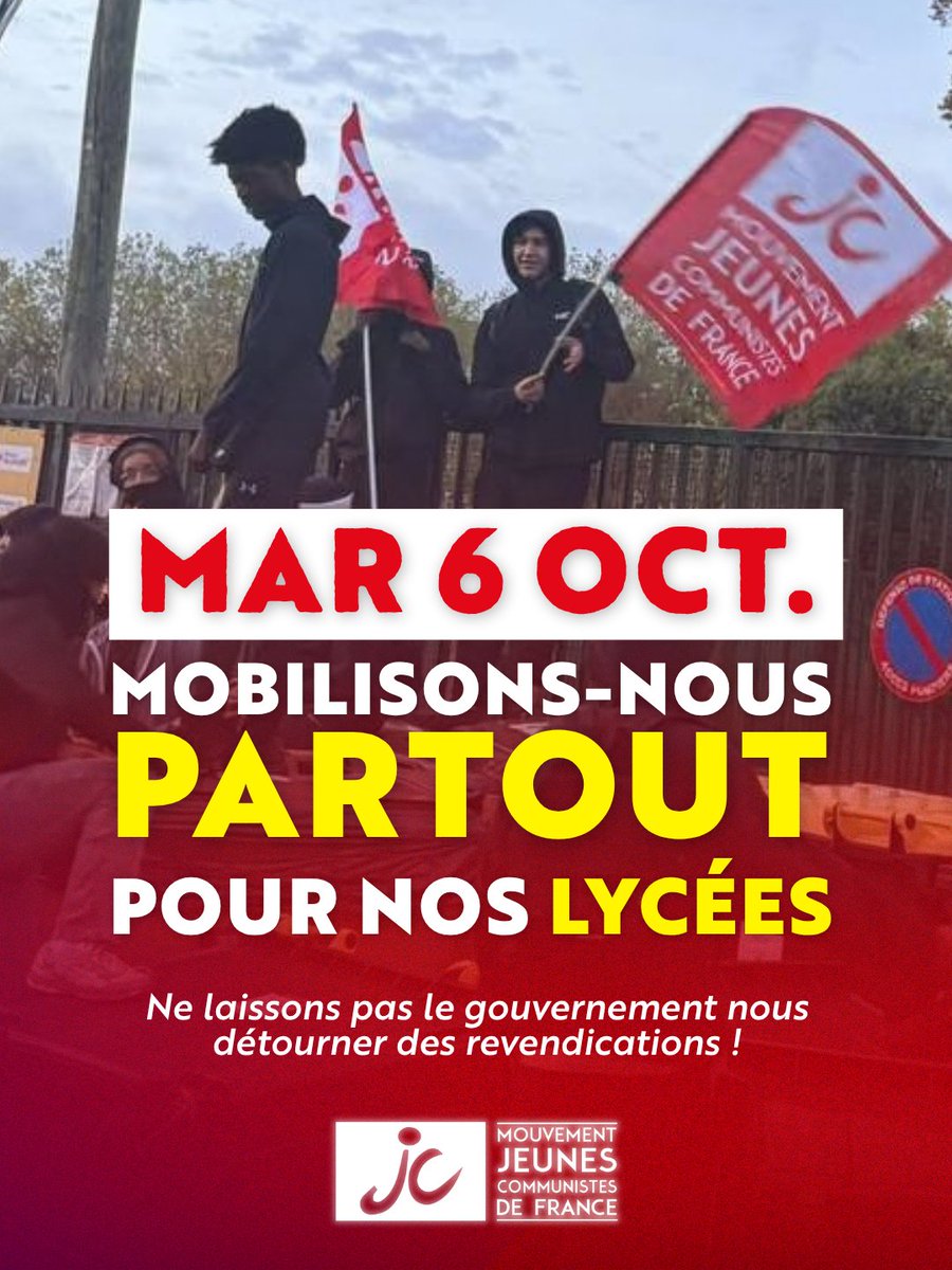 _MJCF's tweet photo. 📢 Près de 900 lycées bloqués le 1er octobre, dont plus de 200 avec le MJCF.

Bâtiments délabrés, profs non remplacés, sélection via Parcoursup : assez de sacrifices pour l'école !

Égalité, justice, dignité ✊
Mobilisons-nous partout le 6 octobre ! https://t.co/tAaphuBBiW