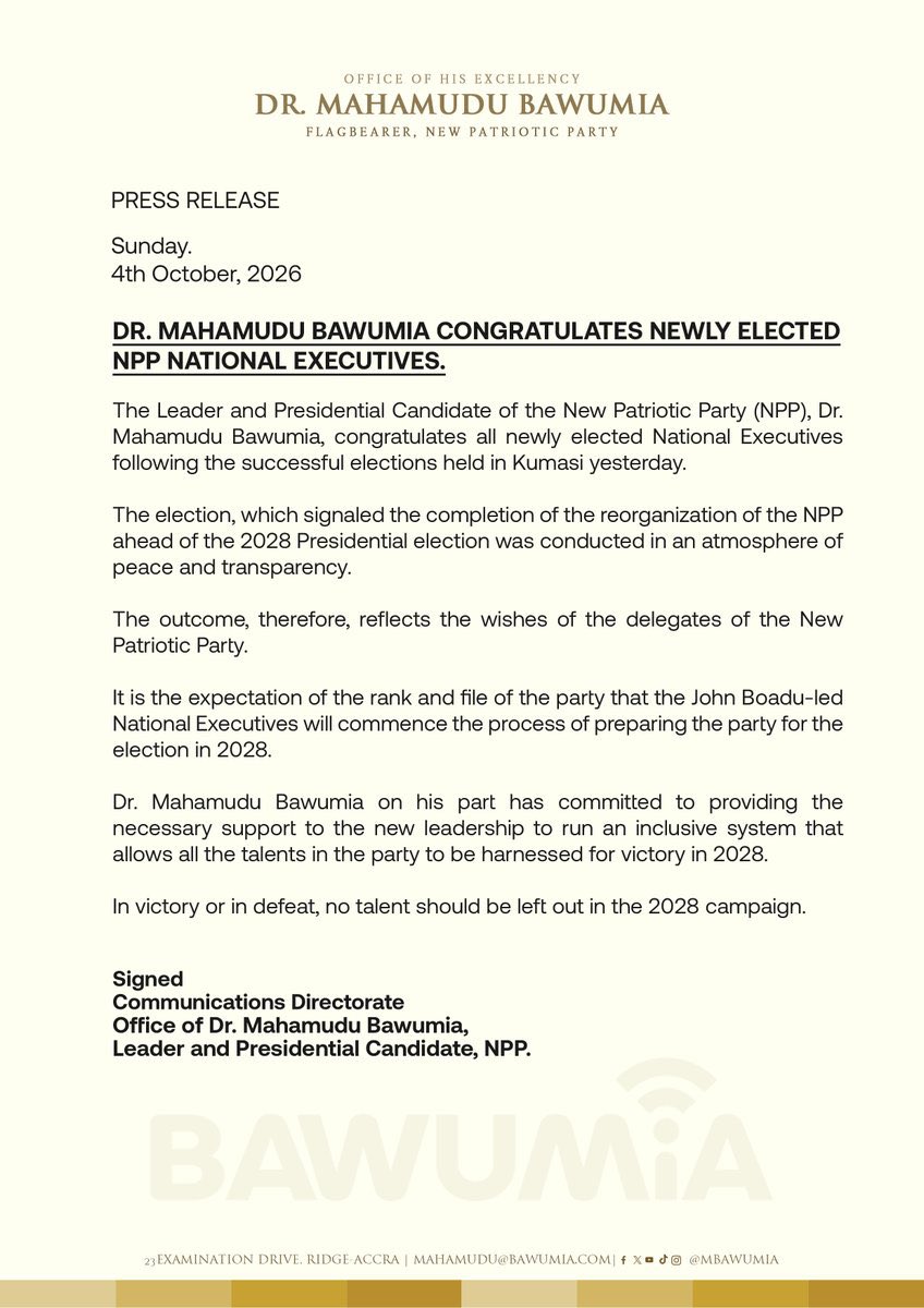 m_addo1's tweet photo. DR. MAHAMUDU BAWUMIA CONGRATULATES NEWLY ELECTED NPP NATIONAL EXECUTIVES.
#OnePartyOnePurpose
#UnitedForVictory https://t.co/ug4y0iv8Uh