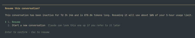 A terminal screen displays a prompt asking 'Resume this conversation?' noting it has been inactive for 7d 3h 24m and is 878.0k tokens long, using about 16% of the 5-hour usage limit.