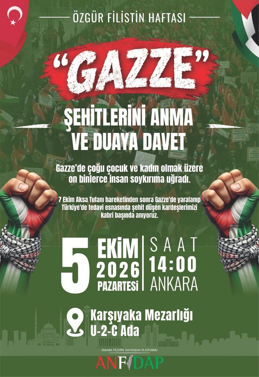 ihhankarasube's tweet photo. 📢 GAZZE ŞEHİTLERİNİ ANMA VE DUAYA DAVET 

🇵🇸 Gazze’de çoğu çocuk ve kadın olmak üzere on binlerce insan soykırıma uğradı.

📌 7 Ekim Aksa Tufanı hareketinden sonra Gazze'de yaralanıp Türkiye'de tedavi esnasında şehit düşen kardeşlerimizi kabri başında anıyoruz. https://t.co/Wra5ppj7zi