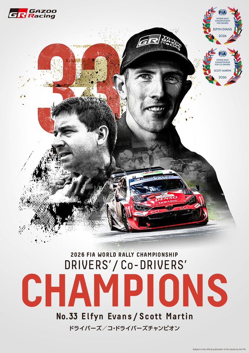 TOYOTA_GR's tweet photo. ◤◢◤◢◤◢◤◢◤◢◤◢◤◢◤◢◤◢
WRC FIA世界ラリー選手権【速報】
ドライバーズ＆コ・ドライバーズ
新ワールドチャンピオン誕生🏆️🏆️✨️
◤◢◤◢◤◢◤◢◤◢◤◢◤◢◤◢◤◢

WRC Rd.13 最終戦
ラリー・イタリア サルディニア🇮🇹

エルフィン・エバンス／スコット・マーティンがチームメイトの猛追を抑えきって、悲願の初戴冠👑✨️

WRC新ワールドチャンピオン誕生です!!!

／／
#CongratsElfyn
#CongratsScott
＼＼

たくさんの熱い応援をありがとうございました!!!

#WRCjp
#GRヤリス