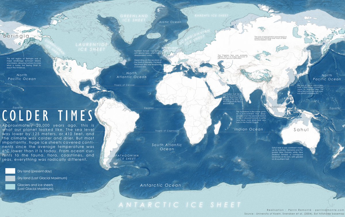 nickcollins1953's tweet photo. 1/ Thread 🧵
Twenty thousand years ago the sea stood around 125 metres lower than it does today. The Persian Gulf was a river valley, Sri Lanka was joined to India, and Southeast Asia was a subcontinent now called Sundaland. Roughly four in ten people today live within 100 kilometres of a coast, and there is little reason to think our ancestors were any less drawn to the shore, where there was fish, flat land and places to launch ships. Every one of those coastlines went under as the ice melted, so archaeology has spent two centuries studying mostly the places of people who lived further inland, which builds a selection bias into the whole discipline. Here is what the sea took, region by region. 

Perrin Remonté's map is one of the clearest and most carefully made reconstructions of the period I have come across, and I am grateful to him for permission to share it. Please note, different reconstructions vary in detail.
