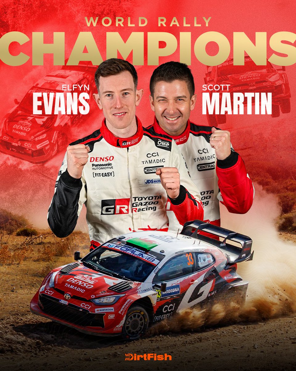 DirtFishRally's tweet photo. ELFYN EVANS AND SCOTT MARTIN ARE WORLD RALLY CHAMPIONS! 🏆

Oliver Solberg crashed TWO CORNERS from the powerstage finish while on target to win the title 🤯 https://t.co/ePP5cI4RDT