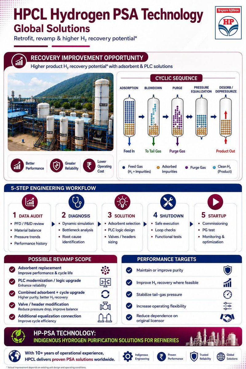 HPCL's tweet photo. Retrofit & Revamp Solutions: Unlocking Higher Recovery

The same process & commissioning expertise that built and sustains our Visakh unit is now available to operators running licensor-supplied or legacy PSA units elsewhere — a structured revamp pathway to unlock higher H₂ recovery, improved reliability, and reduced operating cost, without a full unit replacement.

Our 5-step engineering workflow: Data Audit (PFD/P&ID review, material balance, pressure trends) → Diagnosis (dynamic simulation, bottleneck & root-cause analysis) → Solution Design (adsorbent selection, PLC logic, valve/header sizing) → Shutdown Execution (safe, loop-checked implementation) → Startup (commissioning, PG testing, monitoring & optimization).

Revamp scope includes: adsorbent replacement, PLC modernization, combined adsorbent + cycle upgrades, valve/header modification, and additional equalization steps — targeting improved purity, higher recovery, stabilized tail-gas pressure, and reduced dependence on the original licensor.

For collaboration & enquiries: enquiries@hpcl.in

@HardeepSPuri @PetroleumMin @TheSureshGopi @Secretary_MoPNG @neerajmittalias

#HPCL #PSATechnology #MakeInIndia #EnergyTransition #CleanEnergy #Hydrogen