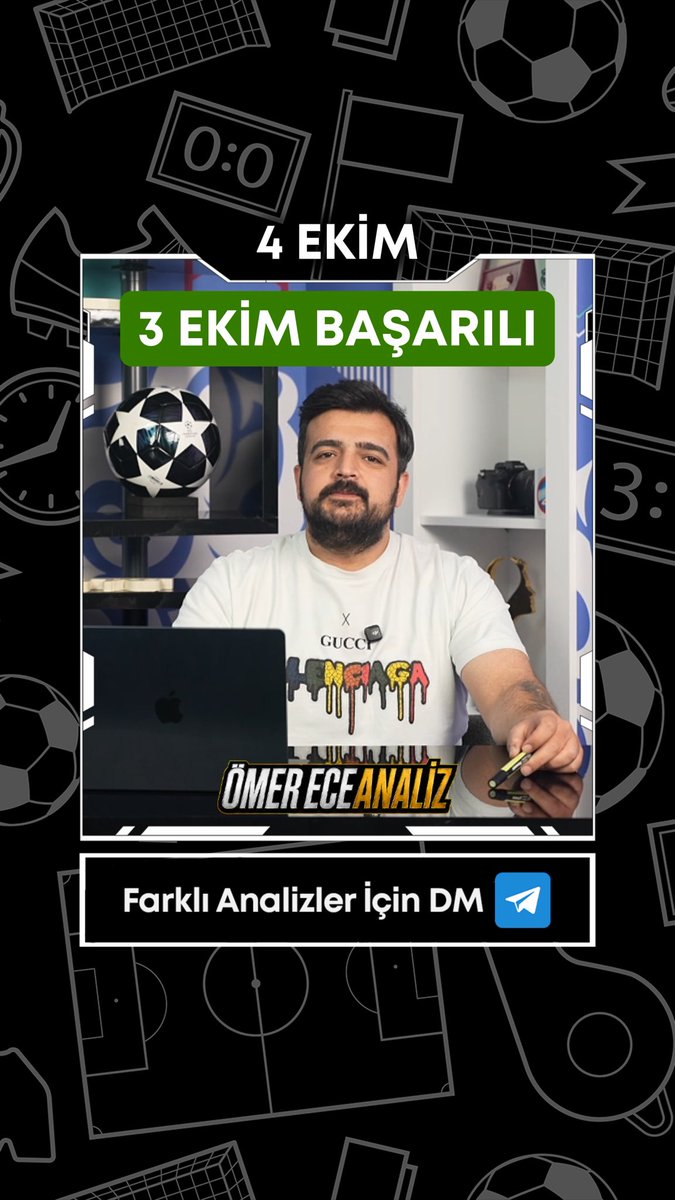 A promotional image featuring a bearded man in a white GUCCI t-shirt at a desk, with text '4 EKİM', '3 EKİM BAŞARILI', 'ÖMER ECE ANALİZ', and 'Farklı Analizler İçin DM'.