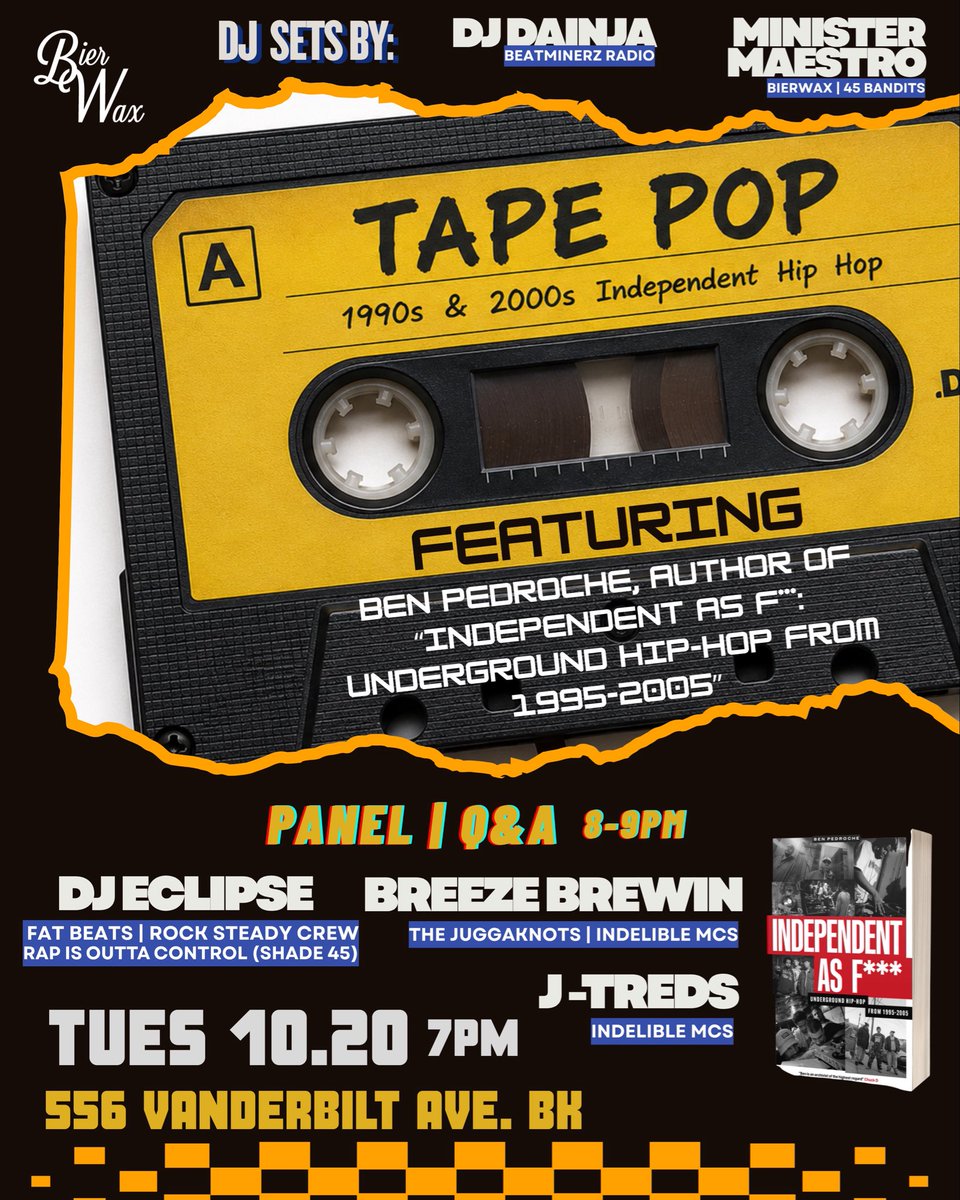 GrownUpRap's tweet photo. Very excited to announce the ‘Independent As F***’ book tour is back, and heading to Brooklyn! I’lll be at Bierwax on October 20, talking about classic underground hip-hop alongside three icons of the era: @Breezebrewin, J-Treds, and DJ Eclipse. ⠀
⠀
Come through! https://t.co/zv8R7F646T