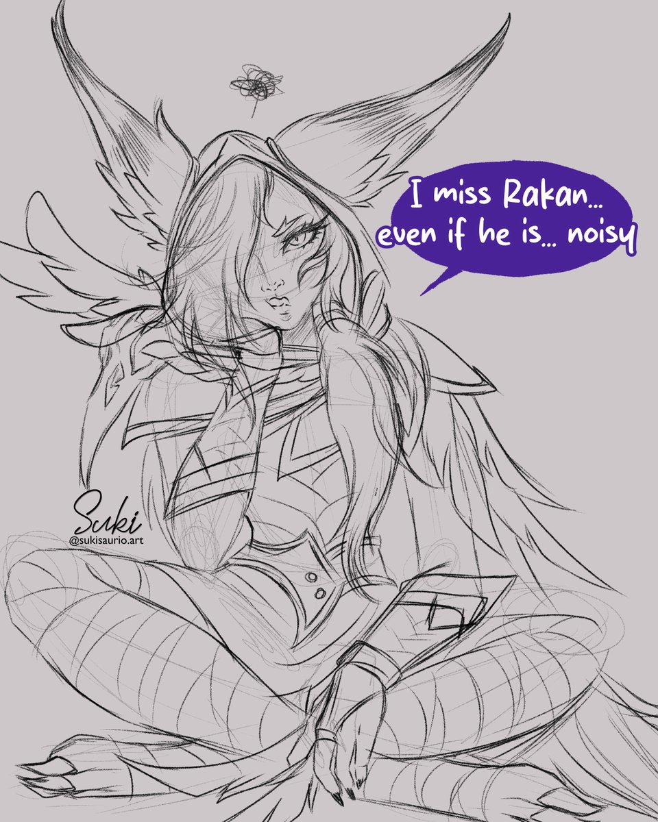 sukisaurio_art's tweet photo. Grumpy and in love little bird 💜🧡

#xayah #rakan #yayakan #leagueoflegends #artoflegends #sketch #wip https://t.co/JQzwZuoXmj