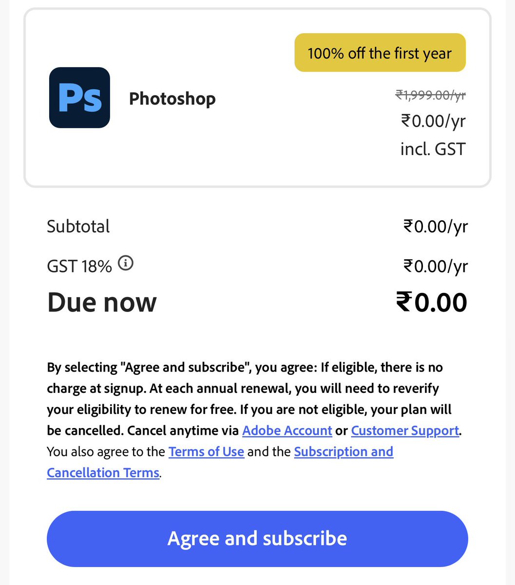dealztrendz's tweet photo. ADOBE PHOTOSHOP FREE FOR 1 YEAR! 🔥

Yes, you can claim 1 year of Photoshop access with just a ₹2 initial payment.

https://t.co/cQYt3Ikm3y

How to get it:

• Open the Adobe checkout link.
• Enter your name and email.
• Choose UPI.
• Fill in your college details.
• Complete the ₹2 payment through PhonePe.
• Enjoy Photoshop for the next 1 year! 

Check your PhonePe AutoPay/Mandates after payment and cancel it if you don’t want any future charges.