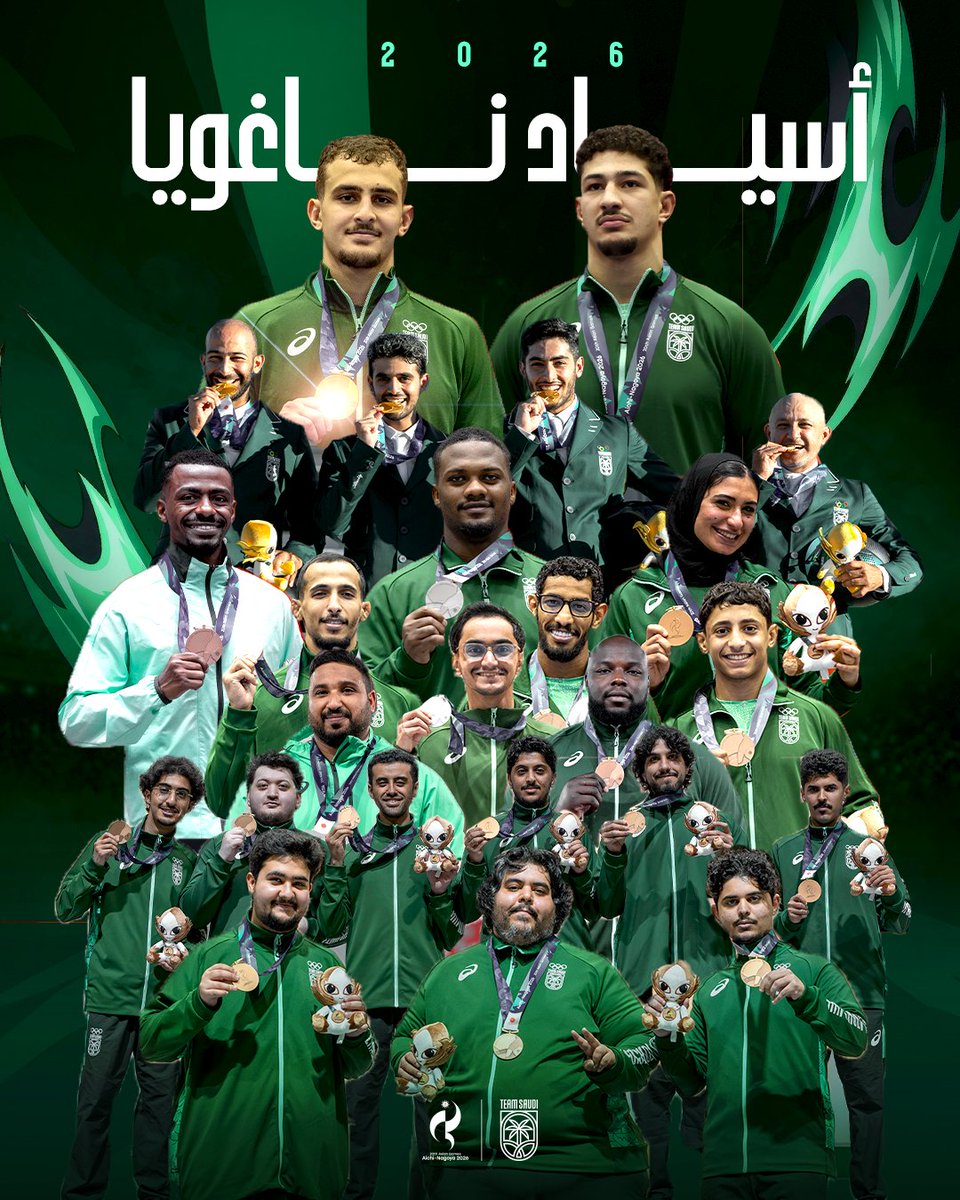 TeamSaudi's tweet photo. 17 ميـدالية سعوديــة 🇸🇦🏅

• 4 ذهبــيـة 🥇
• 3 فضــيـة 🥈
• 10 برونزية 🥉

انتهت رحلة أبطال #فريق_السعودية في دورة الألعاب الآسيوية العشرين #ناغويا2026 

تهانيـنا لكل الأبطال 👏
#نشجعك وندعمك 💚 https://t.co/ZL6P7b1kxE