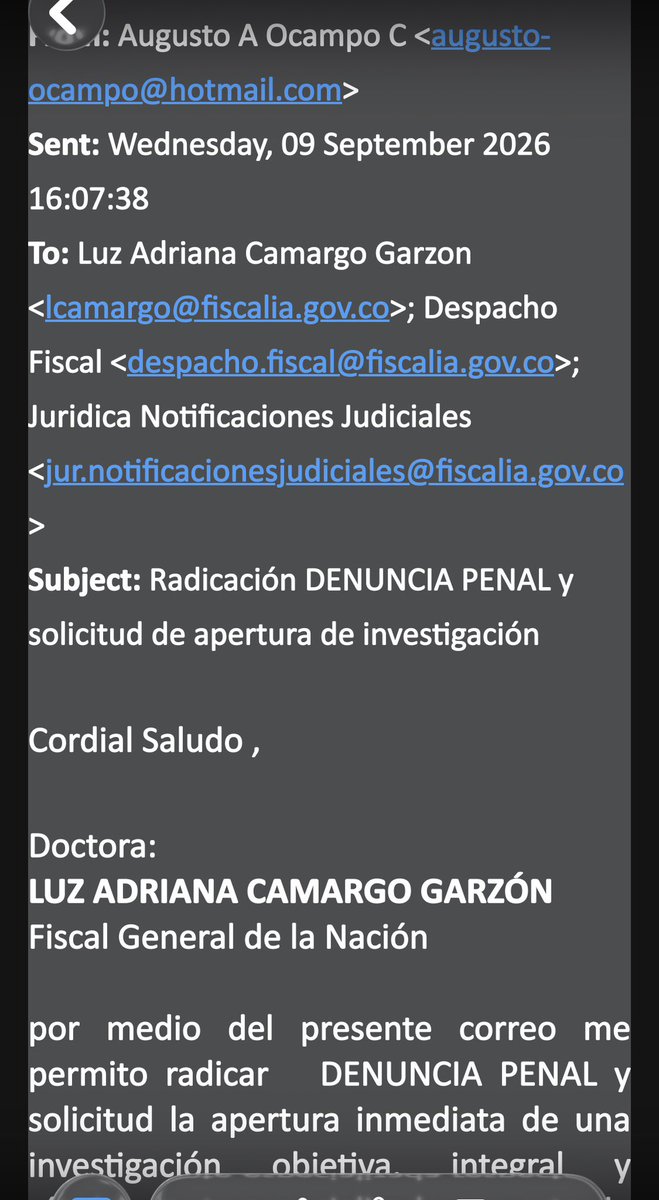 AUGUSTOAOCAMPO's tweet photo. Formulada solicitud de investigación desde el pasado 9 de septiembre a la fecha @FiscaliaCol no informa número de radicación para consultar avance del caso…

Las evidencias y pruebas que reposan en investigaciones penales fuera del país, obligan pedir su traslado a fin de determinar la participación criminal de los denunciados en las pasadas elecciones…

Con el radicado que enviaron NO es dable consultar el caso. He pedido a la fiscalía celeridad y diligencia…