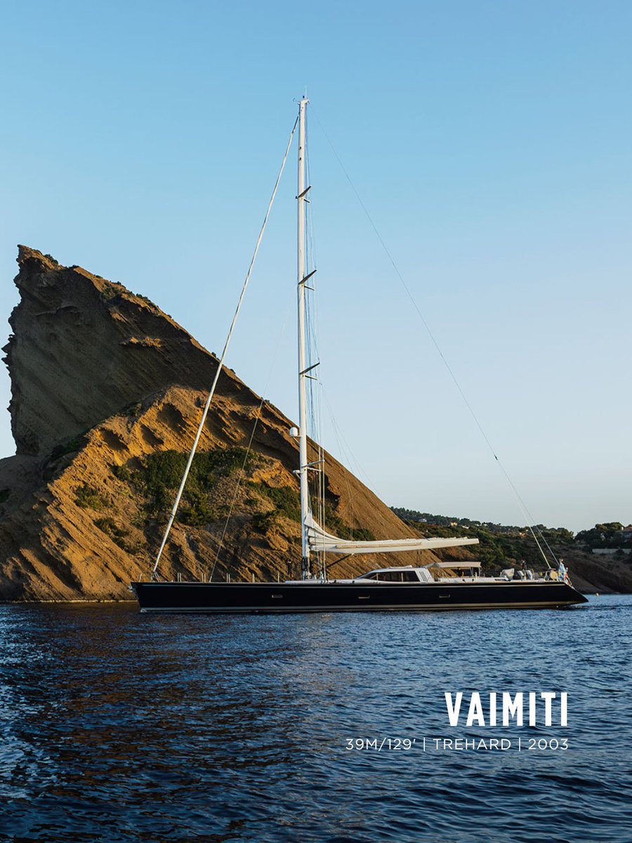 OCyachts's tweet photo. VAIMITI is a 39-metre aluminium sailing yacht built in 2003 by Tréhard Marine to a design by Jacques Fauroux.

Twin shallow keels give her a reduced draught, opening up shallower anchorages that would be closed to deeper yachts of comparable length.

She accommodates eight guests across four en suite staterooms, including a full-beam master suite. A 2025 refit refreshed the staterooms and galley, added new lighting and sound systems, and completed a full exterior polish.

VAIMITI is available for sale with an asking price of EUR 3,800,000.
🔗 https://t.co/TpmsMImsLR