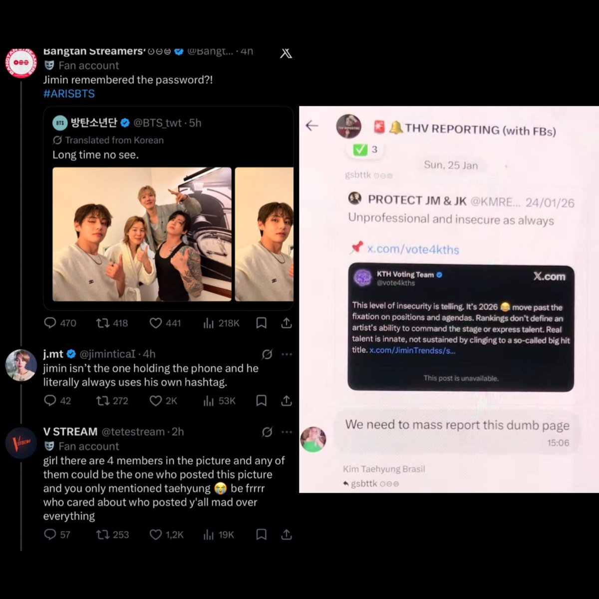 blissmin13_'s tweet photo. KTHs = TAEKOOKERS ARE TRYING TO DRAG JM ‼️

This whole thing about assuming who's using the BTS account on X/Twitter is something ARMY = Tkkrs has been celebrating with @tetebbi

Now this fanbase @Bangtan7_Stream (Tkkrs 💀) wants to pin it on JM

A JM focus only clarified their misinformation, and below, a TH fanbase responded trying to deny the undeniable (KTHs are the ones in GCs with Tkkrs 💀)

KTHs = Tkkrs clearly confirm that it was Taehyung who shared the post and are trying to drag JM with narratives and edits like antis

REPORT AND BLOCK ‼️ 

https://t.co/RIIQpitPwZ 6,2k ex-tkkrs
https://t.co/GbdyoeOAhk 3,5k
https://t.co/8ZUbPrXghE 5,1k
https://t.co/OZQlEYjV3N 9,8k
https://t.co/JbbWrMaKzk 3,4k