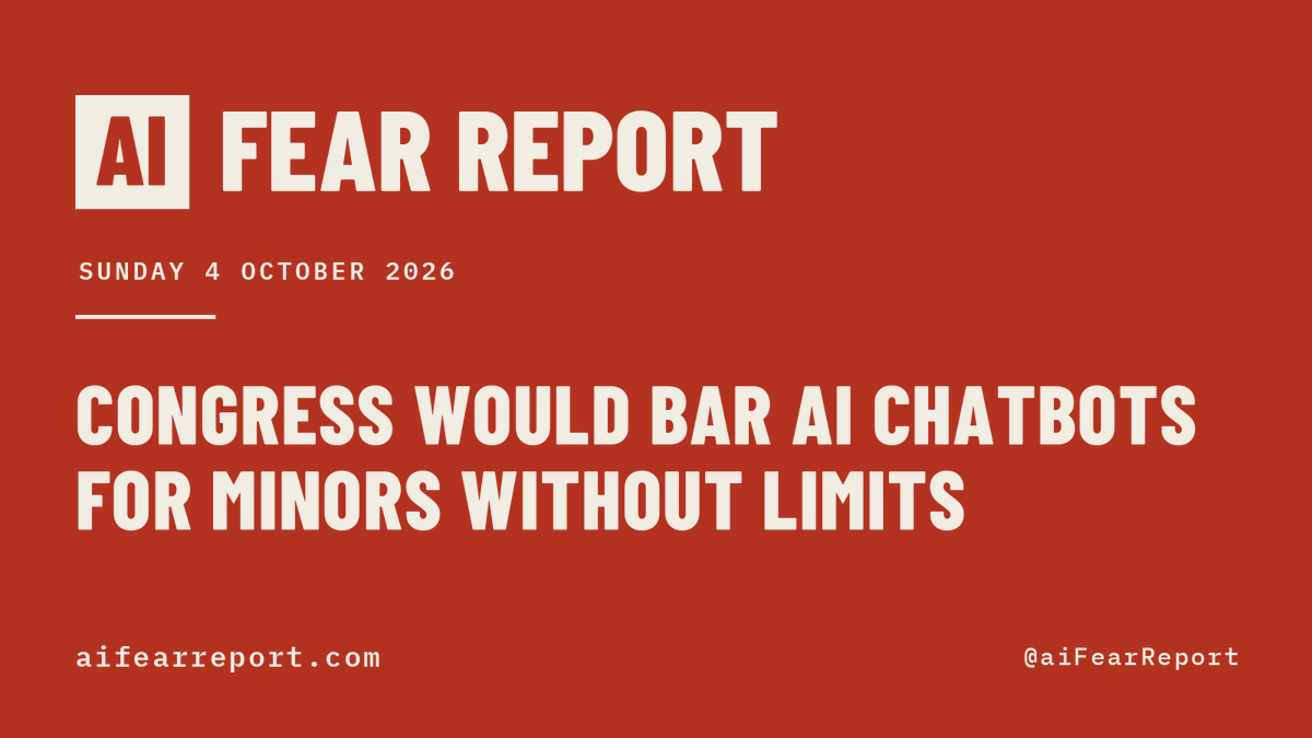 aiFearReport's tweet photo. Here is how your fear of AI is being used to centralize power today.

Congress would bar artificial intelligence chatbots from being offered to minors without age-based design limits. Not passed. It cites the fear that children are talking to chatbots.

381 measures in 48 jurisdictions would ban or restrict a use of AI, or make one a crime.

61 measures in 27 jurisdictions cite the fear that children are talking to chatbots.

2,239 measures tracked. 754 carry a control, and they would hand new power to 101 offices.