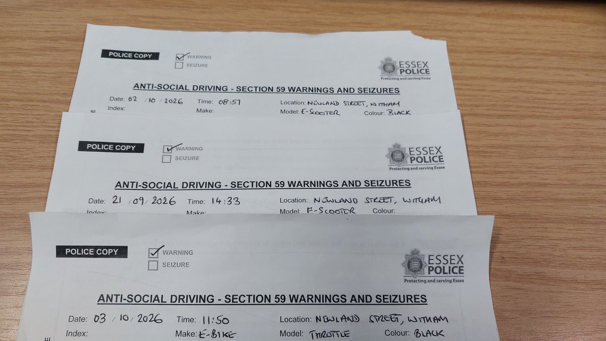 EPWitham's tweet photo. I concentrated my efforts on the recent residents complaints concerning E Scooters in Witham &amp; successfully seized 1 &amp; issued 3 Section 59 warnings which could result in further seizures. I also conducted foot patrols around town to provide visibility &amp; reassurance. https://t.co/MgHsDpCCw5