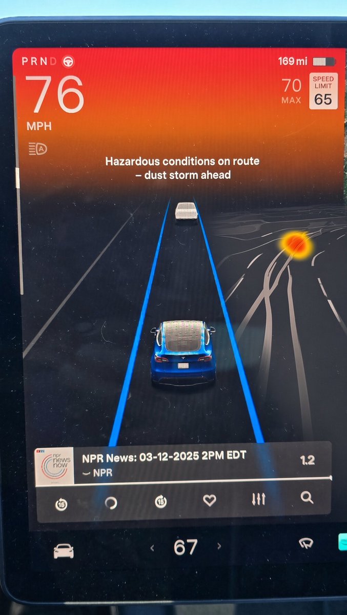 SpaceXForceOne's tweet photo. @vad3rt3sla Can we also get a hazardous alert on the road conditions if our long road trip route consist risk (eg flooding or dust storm low visibility, or maybe potential power outage which may affect charging due to storms etc) before we drive? @CarCoder https://t.co/3HaQlD9lKo