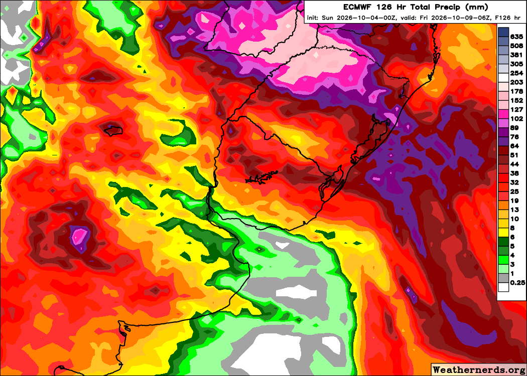 mario_bidegain's tweet photo. #Pronóstico de lluvias acumuladas (mm) según @ECMWF de DOM04 a VIE09 oct. Se esperan 100-200 mm sobre Misiones (#Argentina), Sur R. O. #Paraguay Norte Rio Grande Sul (#Brasil). Sobre Corrientes (ARG), Norte y Este de #Uruguay 30-60 mm. https://t.co/PYkDhuVshe