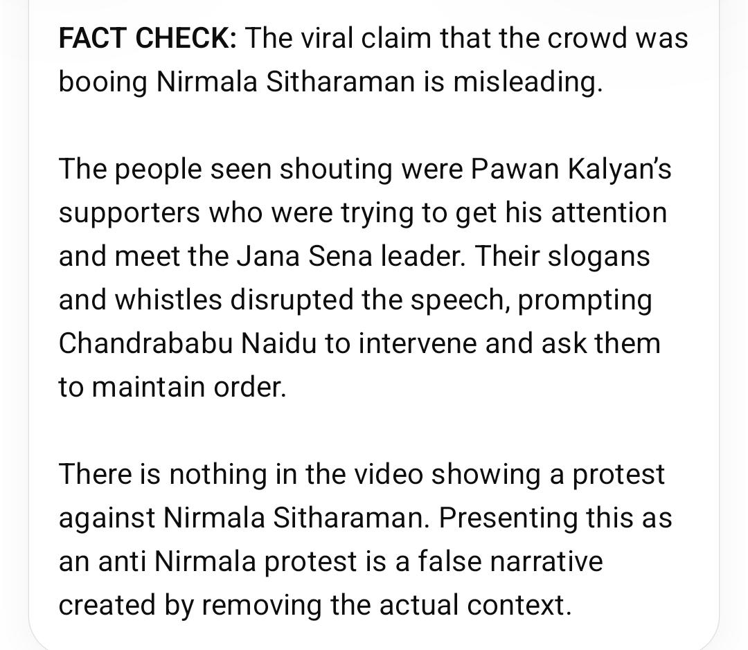 MeghUpdates's tweet photo. 🚨 Fake News Alert 🚨

​This post by Priya Purohit is completely misleading.

​The people sloganeering in this video are simply local supporters of the TDP and Jana Sena. They were just excited to see their regional leaders, which caused the noise.

They were NOT demanding jobs, and they were definitely not booing FM @nsitharaman.

​Listen to the audio. CM Chandrababu Naidu can clearly be heard saying in Telugu: "I understand your enthusiasm. Pawan Kalyan and I will keep visiting."

​Anyone with a basic understanding of Telugu, or who knows how to simply use AI, would have known that. But expecting due diligence from the Congress IT cell is a waste of time.

​And BTW, this event was literally the foundation-laying for a massive agriculture and horticulture project that will directly generate employment. 

Why on earth would anyone protest for jobs there?

​Don't Congress supporters have any common sense left?