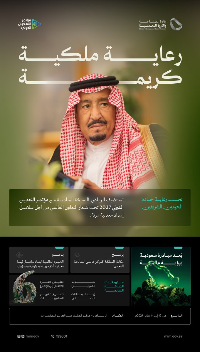 mimgov's tweet photo. برعاية كريمة من #خادم_الحرمين_الشريفين الملك سلمان بن عبد العزيز آل سعود -حفظه الله-، تنعقد النسخة السادسة من #مؤتمر_التعدين_الدولي، خلال الفترة من 12 إلى 14 يناير 2027؛ وذلك تحت شعار: "التعاون العالمي من أجل سلاسل إمداد معدنية مرنة". 
 
للتسجيل:
https://t.co/HHevomlPtL https://t.co/5c1iD8a1e5