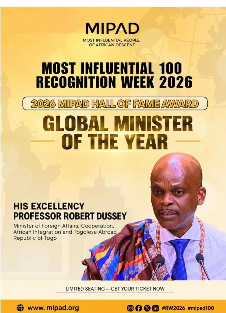 DiplomatieTogo's tweet photo. Le Ministre des Affaires étrangères, de la Coopération et de l'Intégration africaine et des Togolais de l'extérieur, Professeur Robert Dussey, a reçu le 23 septembre 2026 à New York, dans la catégorie « Ministre de l'année », le Hall of Fame Award descerné par l'organisation Most Influential People of African Descent (MIPAD), en marge de la quatre-vingt-unième session de l'Assemblée générale des Nations unies.

Cette distinction, avait été déscernée par le passé à de hautes personnalités à l'instar de Nana Akufo-Addo, du Dr Tedros A. Ghebreyesus et de Barack Obama dans leur catégorie respective. Elle est une marque de reconnaissance du rôle central que joue le Togo, sous le leadership de Son Excellence Monsieur Faure Essozimna Gnassingbé, Président du Conseil de la République togolaise, dans la quête de justice et d'équité en faveur de l'Afrique et des personnes d'ascendance africaine.

Réagissant à cette distinction, le ministre a déclaré:  « Je reçois ce prix pour d'autres que moi-même : pour le Togo et son Président du Conseil, pour l'Union africaine, pour le Groupe africain à New York, et pour les organisations de la société civile qui ont ouvert le chemin. Une résolution des Nations unies ne redessine aucune carte. Elle ouvre une porte. Il nous reste à la franchir »  

Créée en 2017, MIPAD identifie et distingue chaque année cent personnalités africianes et d'ascendance africaine dans le cadre de la Décennie internationale des personnes d'ascendance africaine proclamée par les Nations unies.