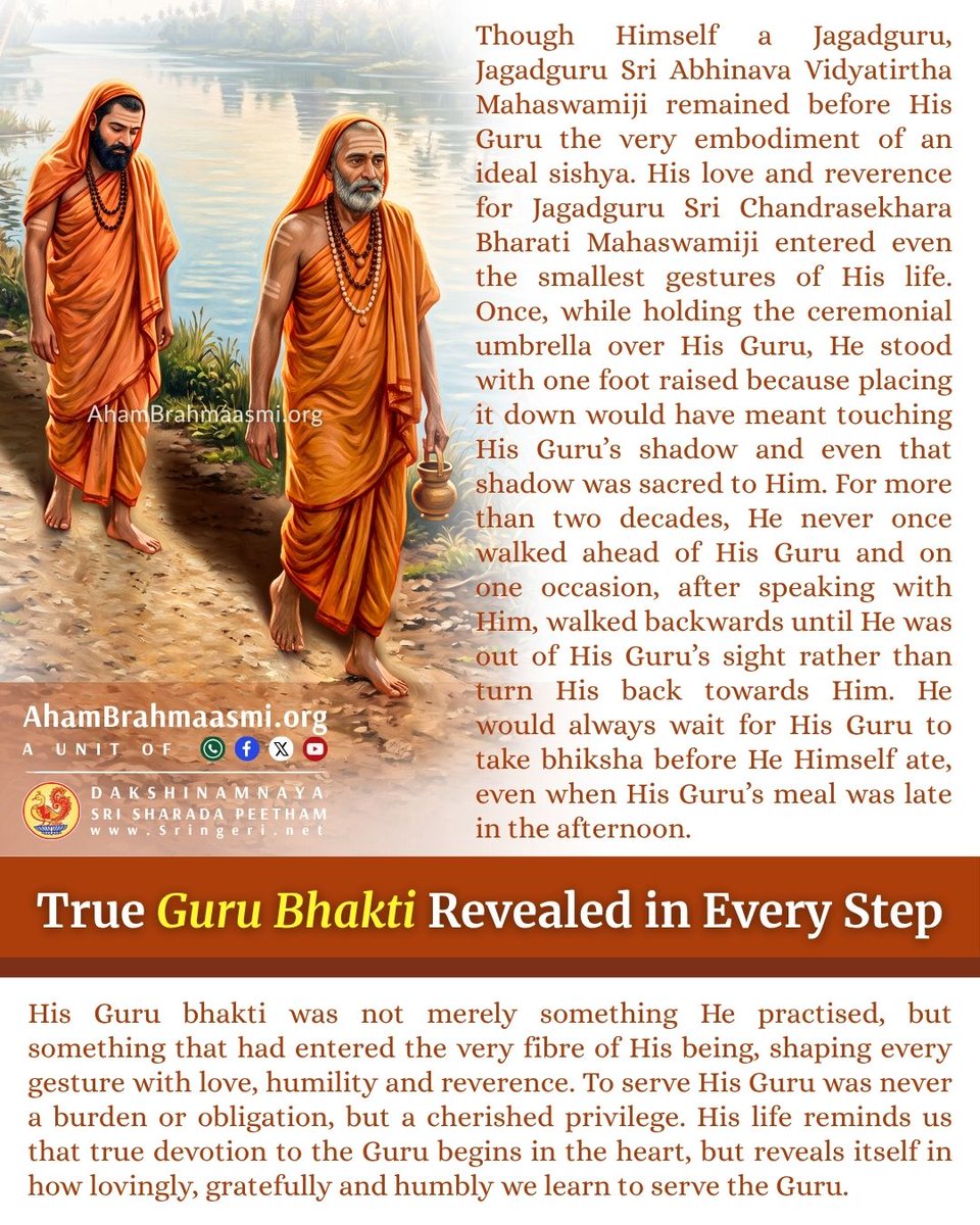 AhammBrahmaasmi's tweet photo. The Shastras give us the principles of Dharma. They reveal what is to be pursued, what is to be avoided, how the mind is to be refined, and how the highest Truth is to be sought. Yet, for the sincere seeker, there remains an important question: What does all this look like when it becomes a living reality?
For this, one looks to the lives of Mahatmas—and especially to the illustrious Avichinna Guru Parampara of the Sringeri Sharada Peetham, where successive Jagadguru Shankaracharyas have embodied the timeless ideals of the Shastras through Their very lives and conduct.

For every sincere seeker, the life of a Mahatma is itself a source of guidance. Explore the many facets of Jivanmukta Jagadguru Sri Abhinava Vidyatirtha Mahaswamigal in The Multifaceted Jivanmukta. Order here: https://t.co/VjAnW1XKKB

The Life of a Jivanmukta
Vedanta speaks of the one who has known the Self, who is no longer bound by the false identification with the limited individuality. To the ordinary seeker, such a state may appear far beyond comprehension.
Yet the life of a Jivanmukta gives us a glimpse of what inner freedom expresses as in the realm of conduct.
There is no need for self-assertion.
There is no contradiction between greatness and humility.
The higher the spiritual stature, the more natural the simplicity.
This is one of the most striking lessons found repeatedly in the lives of Sringeri Jagadgurus. Their greatness did not create distance from reverence; it deepened it. Their spiritual attainment did not make Guru Bhakti unnecessary; it revealed its fullest flowering. ahambrahmaasmi. org
A Jagadguru remains, before His own Guru, the ideal Sishya.
In this itself lies a message of immense significance.
If one established in the highest spiritual state could display such reverence, what should be the attitude of those of us who are still striving to discipline the mind and purify the heart?

On the sacred occasion of the Aradhana Mahotsava, may the boundless grace of Jivanmukta Jagadguru Sri Sri Abhinava Vidyatirtha Mahaswamiji illumine our hearts, open our eyes to wisdom, deepen our Guru Bhakti, and guide us steadfastly on the path of Dharma.
*-*-*
Stay tuned to our official WhatsApp channel for notifications and updates on upcoming sessions: https://t.co/hhKhdAKeUl

#Philosophy #Advaita #vedanta #Shankaracharya #sanatandharma #sringeri #Jagadguru #spirituality #Bhakthi #bhagavadgita #VedantaLife #SpiritualLearning #Jnana #guruparampara #vedicteaching #Abhinava #Vidyatirtha #Mahaswamiji #TMJ #TheMultifacetedJivanmukta #Jivanmukta