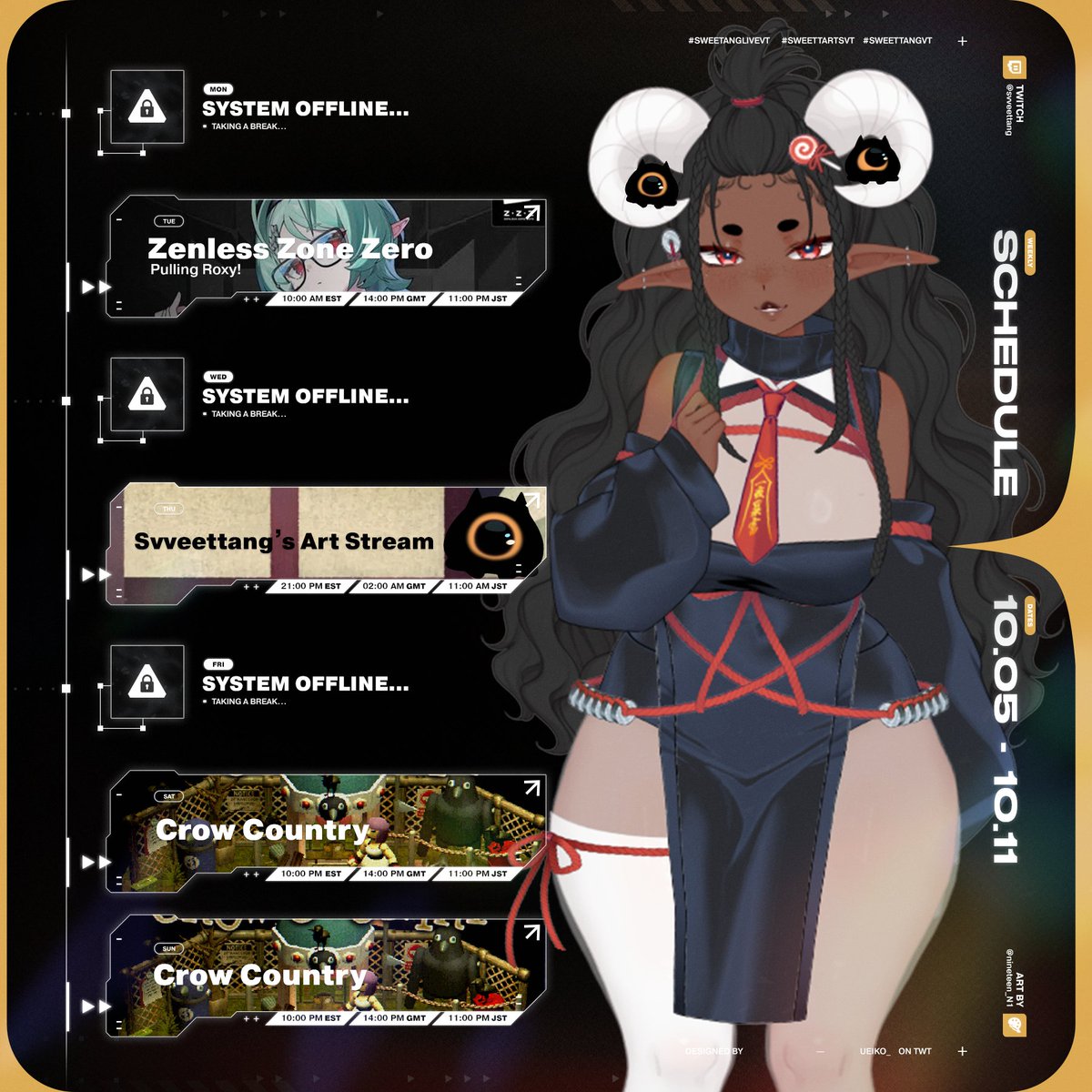 svveettang's tweet photo. Here's the schedule for the upcoming week! 👌🍩 ~
I'm very excited to play some spooky games for the spooky month!
#sweettangvt #sweettanglivevt
#vtuber #blackvtuber #monstergirl https://t.co/iRWWiybonP