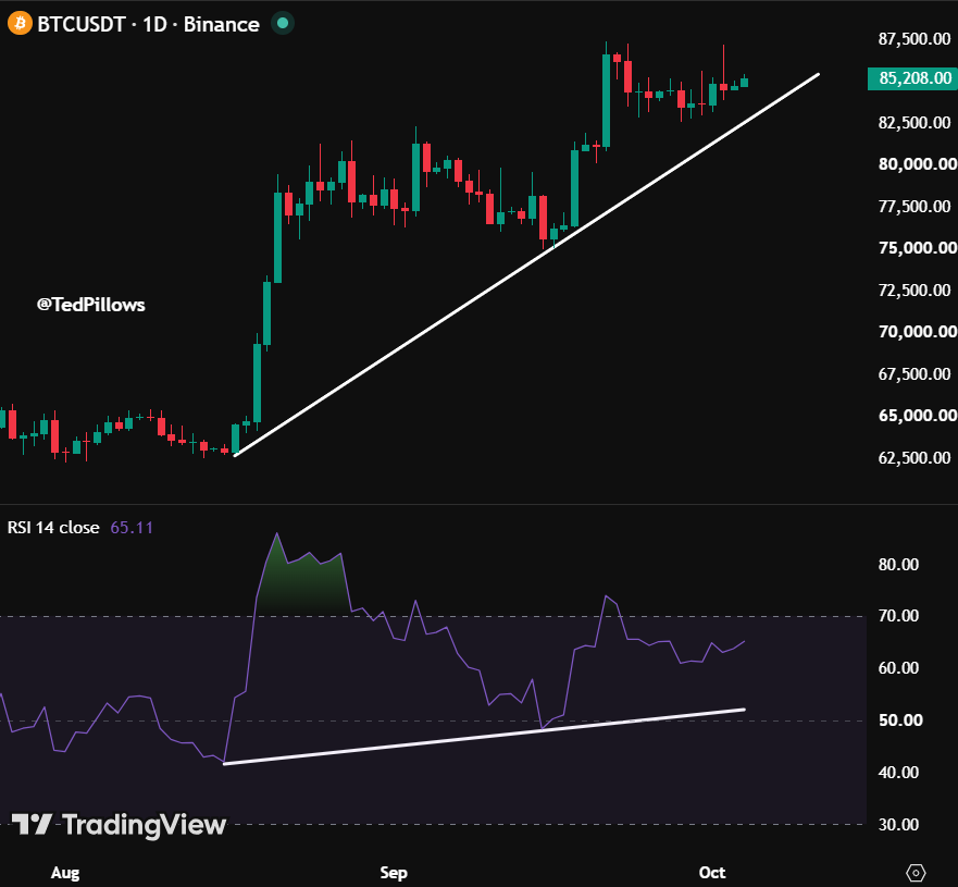 TedPillows's tweet photo. $BTC price and RSI are both holding their uptrend.

The rally will continue until Bitcoin breaks below it. https://t.co/jRfoO7Xvy3