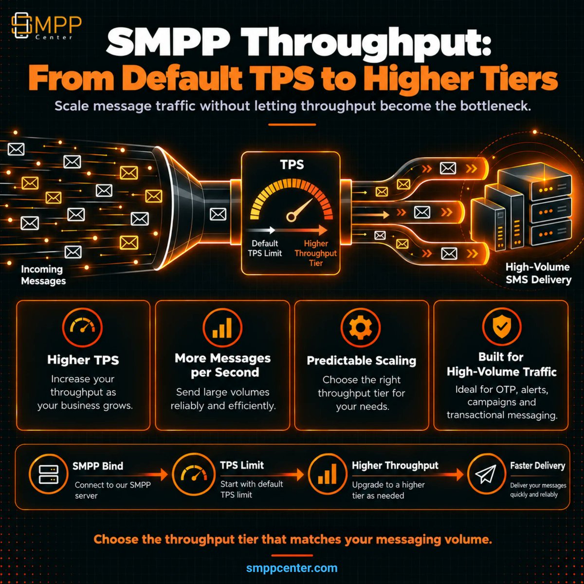 SMPPCenter's tweet photo. SMPP default is 10 TPS/account. Hit it → 0x00000058 ESME_RTHROTTLED. Extra binds don’t raise it. Tiers do: 50 / 200 / 500 / 1,000+.

https://t.co/RdmwVGGTL9

#SMPP #TPS #ESME_RTHROTTLED #SMSGateway #Throughput #IndiaSMS https://t.co/Im98l750kp