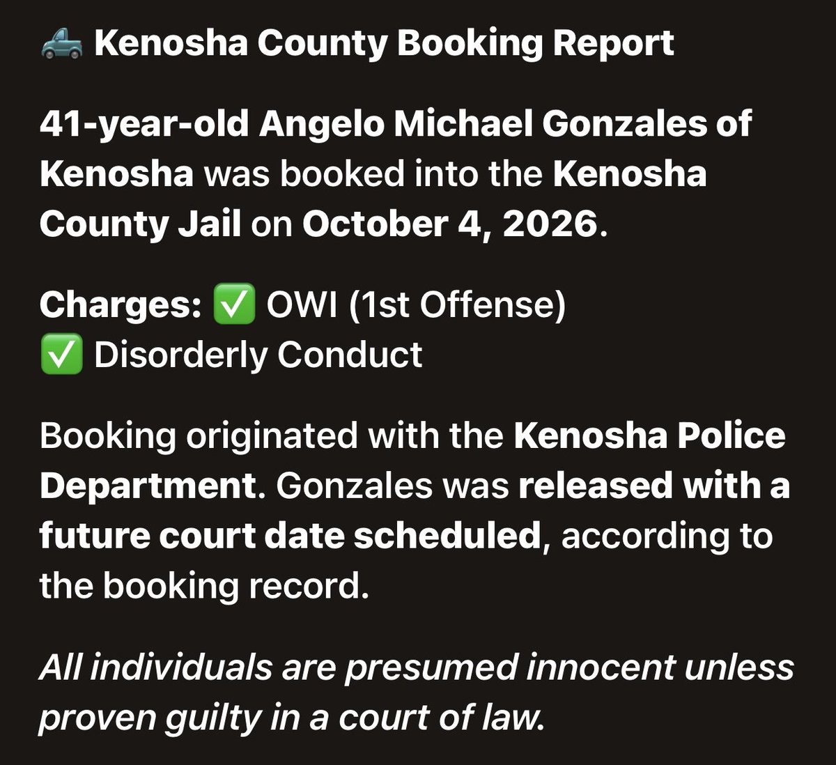 KenoshaRising's tweet photo. GONZALES, ANGELO MICHAEL
⭐️✨⭐️✨⭐️✨⭐️✨⭐️✨⭐️✨

📍 #KenoshaCounty #KenoshaWI 🚔 #JailBooking 📰 #LocalNews ⚖️ #CommunityUpdate
👮‍♀️#KenoshaPD

https://t.co/92xkr5ittP https://t.co/FsQP7PJBz7