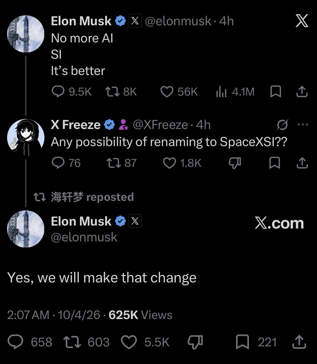 wholemars's tweet photo. SpaceX to rename SpaceXAI, previously xAI, to SpaceXSI https://t.co/UVqMks3Afg