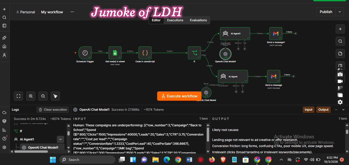 OlajumokeLDH's tweet photo. Most businesses discover an ad campaign is wasting money DAYS later.

I built an AI automation that checks campaigns every morning, calculates CPL, conversion rate &amp; cost per sale, flags campaigns above $30 CPL, and uses AI to explain what went wrong.

Less manual

#AIAutomation https://t.co/GBUdMyXu1k