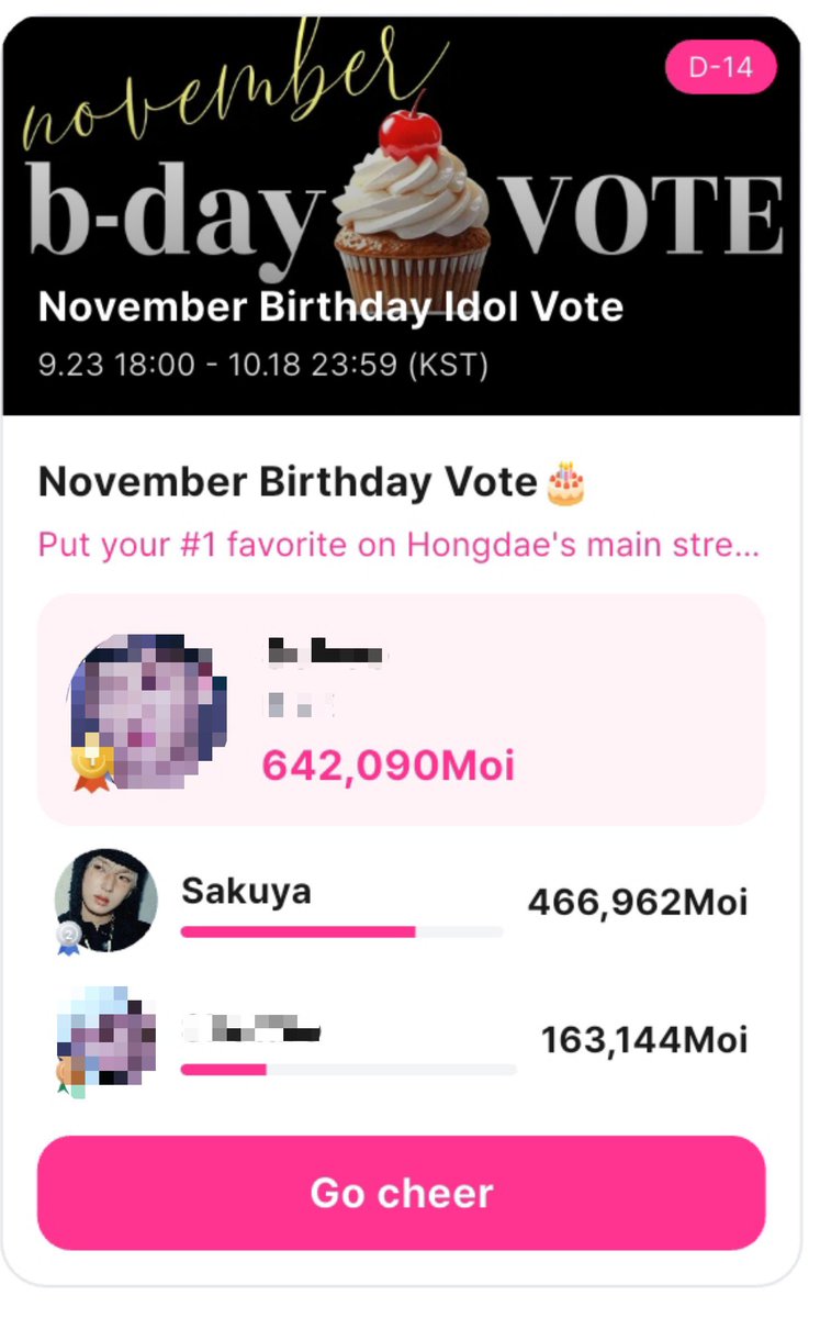 sakubearry's tweet photo. NOVEMBER B-DAY VOTE FOR #SAKUYA 

If we win this vote, Sakuya will receive an AD at Hongdae Top Line Tower 🤍

📱DAILYDUCK
🗳️ 1 vote = 10 Moi
🔚 18 Oct 23.59 KST
📈 current position : #2 
gap to #2 : 303,048 Moi
gap to #1 : 175,128 Moi

 #사쿠야 #サクヤ https://t.co/nmXoIYJA84