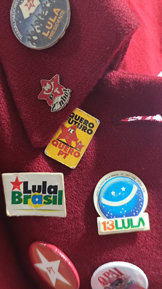 lu_cas_zeze's tweet photo. Minha mãe chiquerrima com os pins vintage do PT dela https://t.co/ZELDox1pIN