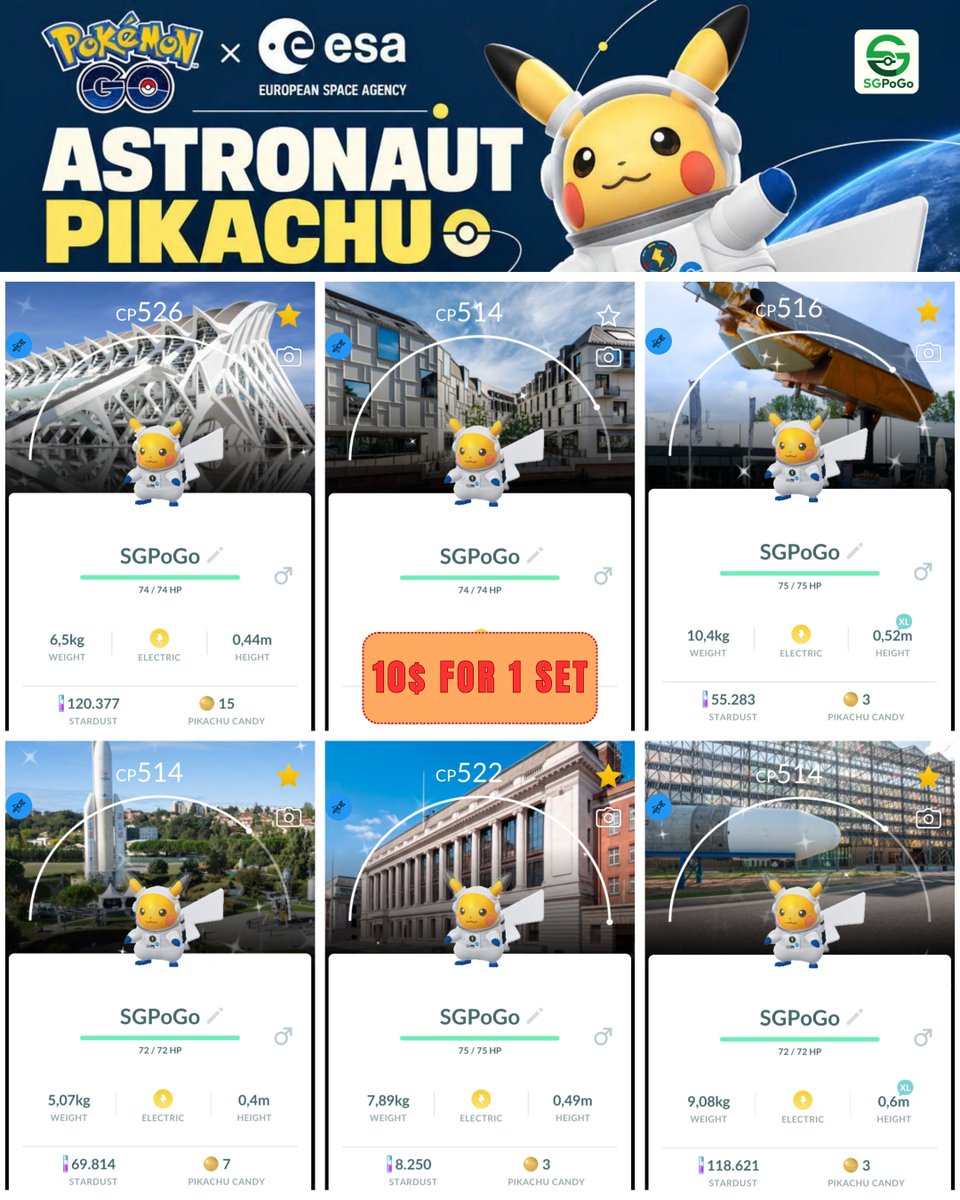 Saugaopogo_156's tweet photo. SIX BACKGROUNDS. ONE SPACE ADVENTURE. 🚀
Shiny Astronaut Pikachu with all six museum Location Backgrounds!
Complete your collection—message us for details.
https://t.co/skTDQgqoxt
#PokemonGo #SGPoGo #AstronautPikachu https://t.co/avJ9dUmuwt