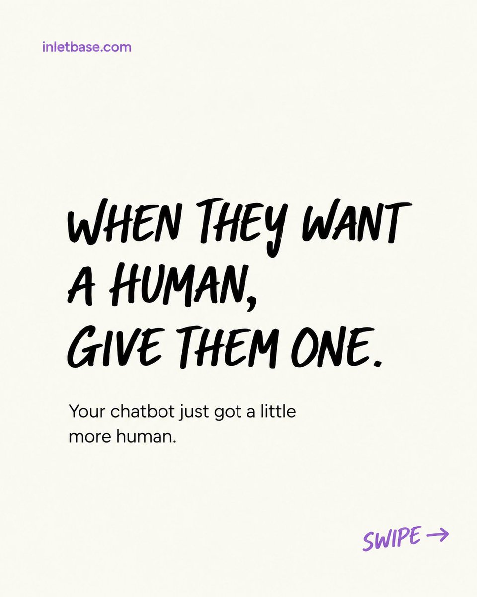 Inletbase's tweet photo. AI should handle routine questions.

Humans should handle important conversations.

Does your chatbot have a clear human-handoff path?

#AIChatbot #Automation https://t.co/JZKPOZLcFd