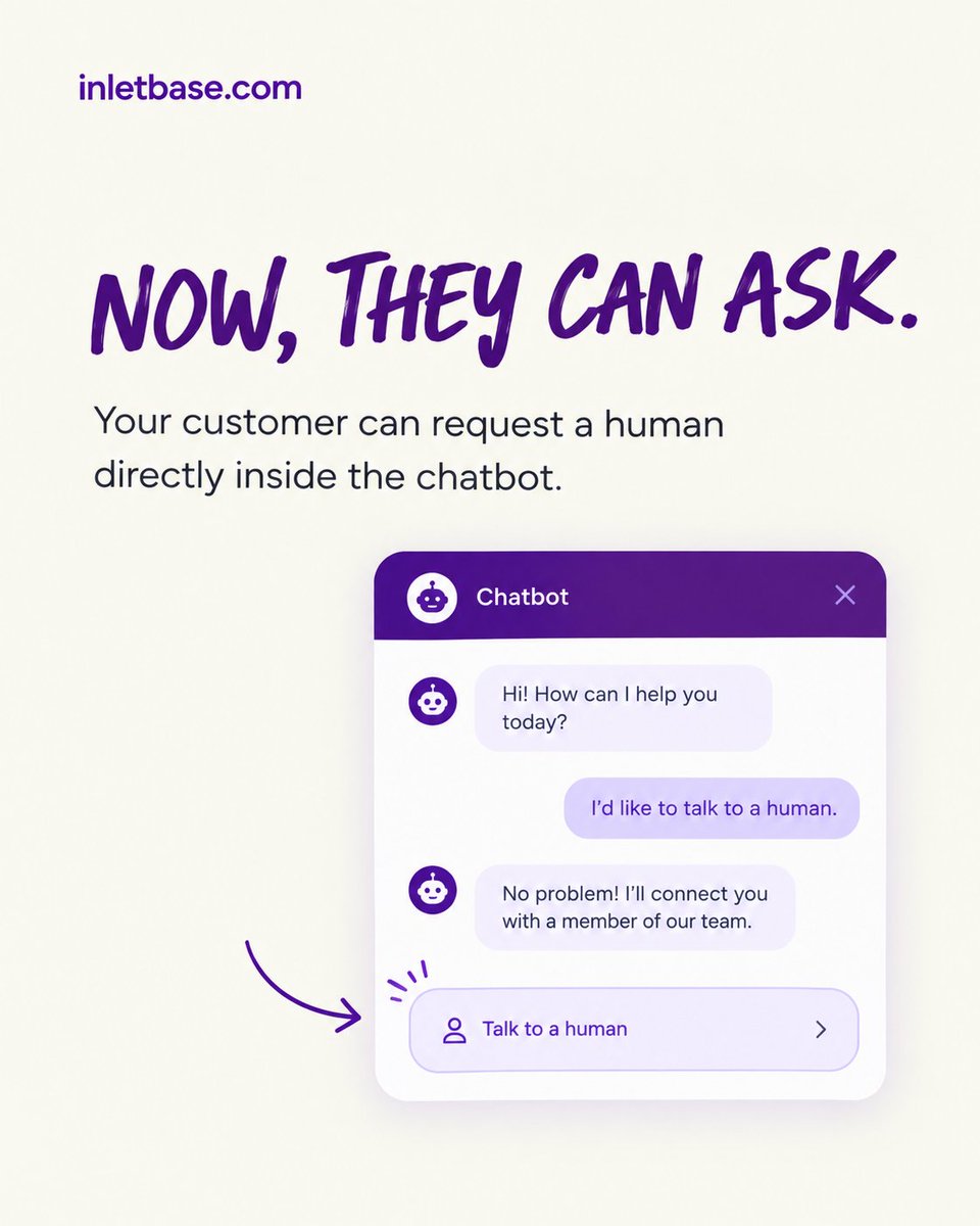 Inletbase's tweet photo. AI should handle routine questions.

Humans should handle important conversations.

Does your chatbot have a clear human-handoff path?

#AIChatbot #Automation https://t.co/JZKPOZLcFd
