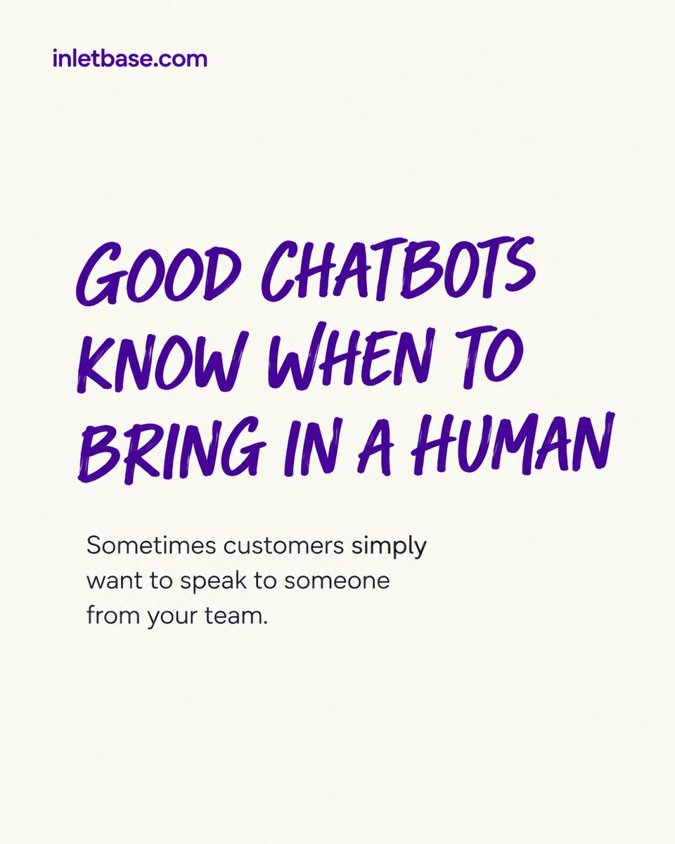 Inletbase's tweet photo. AI should handle routine questions.

Humans should handle important conversations.

Does your chatbot have a clear human-handoff path?

#AIChatbot #Automation https://t.co/JZKPOZLcFd