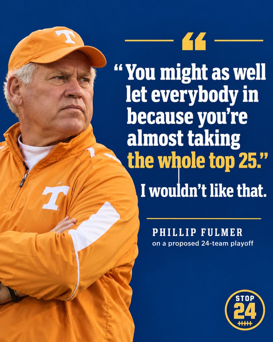 CFBStop24's tweet photo. Phillip Fulmer on a 24-team playoff:

“You might as well let everybody in because you’re almost taking the whole top 25. I wouldn’t like that.”

Hard to argue with the man.

#Stop24 https://t.co/SfmyH7MEhZ