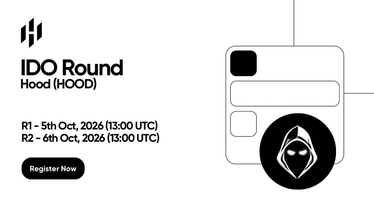 Huostarter's tweet photo. The IDO of $HOOD (@Hood_officialX) will be hosted on #Huostarter from Oct 05th to Oct 6th, 2026 (13:00 UTC).

Each round consists of a 24-hours period.

📑Register now: https://t.co/DSf3T8xEwy https://t.co/bRqYA2pzZW