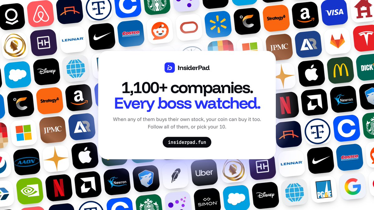 InsiderPad's tweet photo. 1,100+ companies. Every boss watched.

When a CEO buys their own stock, your coin can buy it too.

Follow all of them, or pick your 10.

https://t.co/6aRCGKhxaW
CA: indMbGe4z1m8aybzs1FCqDpGGYkxH9mimgnFo1odWjS https://t.co/zMnfOzEbNc