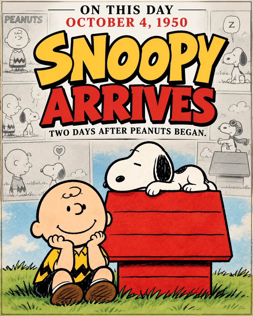 on_this_day100's tweet photo. Charlie Brown came first.

Snoopy arrived two days later.

On this day in 1950, Snoopy made his first appearance in Peanuts.

No Flying Ace.
No Joe Cool.
No typewriter yet.

Just a little dog who would eventually become one of the most recognizable comic characters in the world.

What’s your favorite version of Snoopy?