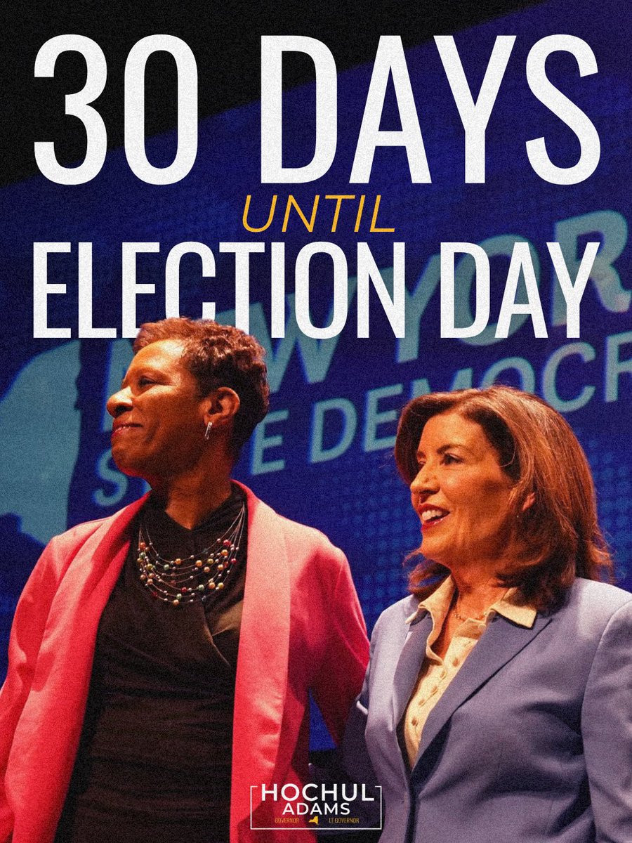 KathyHochul's tweet photo. We’ve got 30 days to talk to voters about how I’m going to lower costs, keep New Yorkers safe, and stand up to Trump.

30 days to mobilize everyone to go out and vote.

30 days until we fight and win. https://t.co/6D4AhOp3Jj