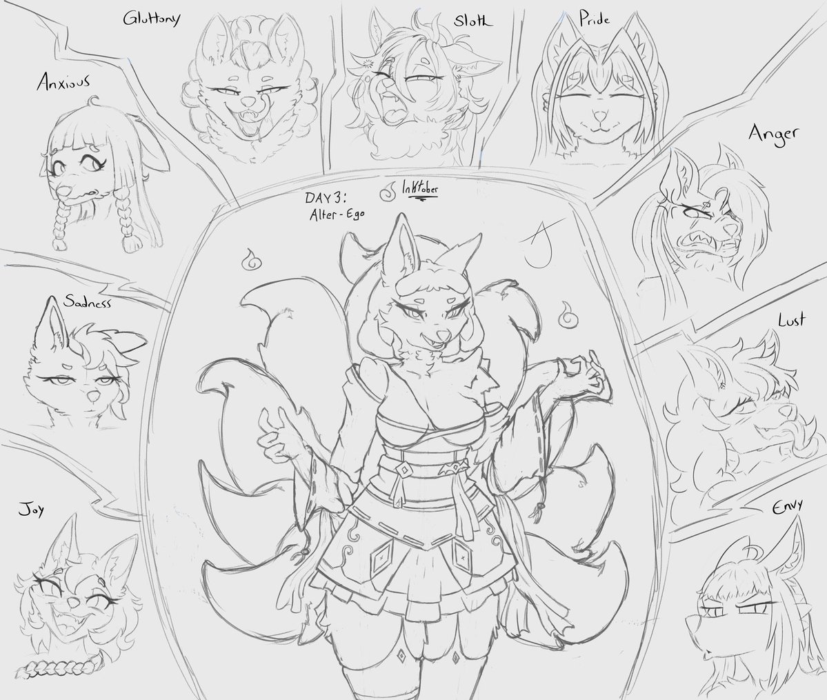 AroJaper's tweet photo. Day 3 of inktober! For alter-ego, I had a funny concept (probably done before) where each of a Kitsune’s tail, represented an emotion, a different side to the soul. Each tail could be temporarily separated to create an emotional driven clone.

#inktober #inktober26 #VGtober26 https://t.co/9oYeWRRVSZ