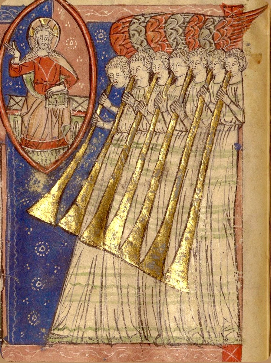 Plantagenet1455's tweet photo. Angels playing the seven golden trumpets from the Book of Revelation, c. 14th century. The seven trumpets herald a series of divine judgements upon the Earth. https://t.co/IqS9l9Wtcp