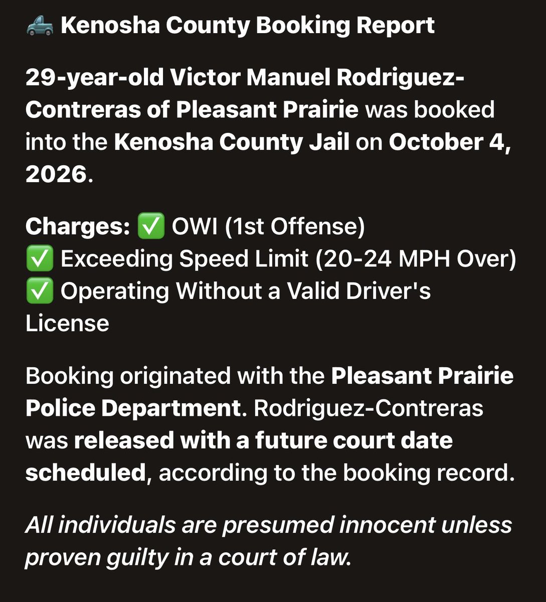 KenoshaRising's tweet photo. RODRIGUEZ-CONTRERAS, VICTOR MANUEL
✨⭐️✨⭐️✨⭐️✨⭐️✨⭐️✨⭐️✨⭐️

📍 #KenoshaCounty #KenoshaWI 🚔 #JailBooking 📰 #LocalNews ⚖️ #CommunityUpdate
👮‍♀️#PleasantPrairiePD

https://t.co/JyEMKXv2pH https://t.co/9lHCv0RvFl