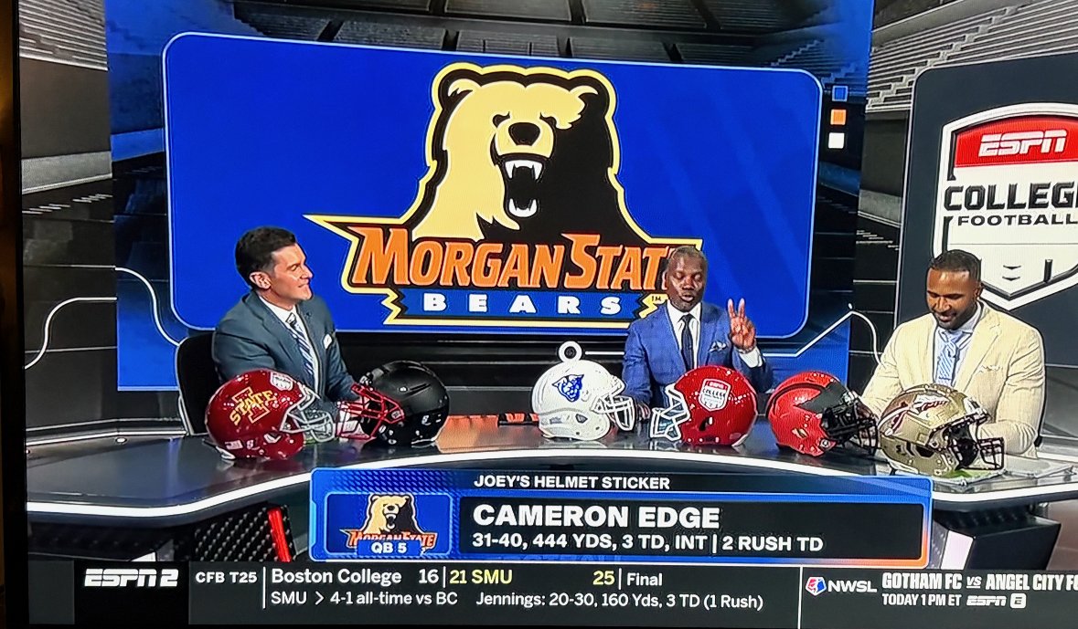 MorganStBears's tweet photo. 🐻👀📺 Cameron Edge is getting his flowers on ESPN after putting together a HISTORIC performance at Villanova:

🏈 31/40
💨 444 PASS YDS — 3rd-most in @MSUBearsFB history
🎯 3 PASS TDs
🏃🏾‍♂️ 2 RUSH TDs
🔥 38-35 WIN

THE NATIONAL TREASURE IS MAKING NOISE.

#GoBears🔷🔶 https://t.co/AbrZCxMoLM