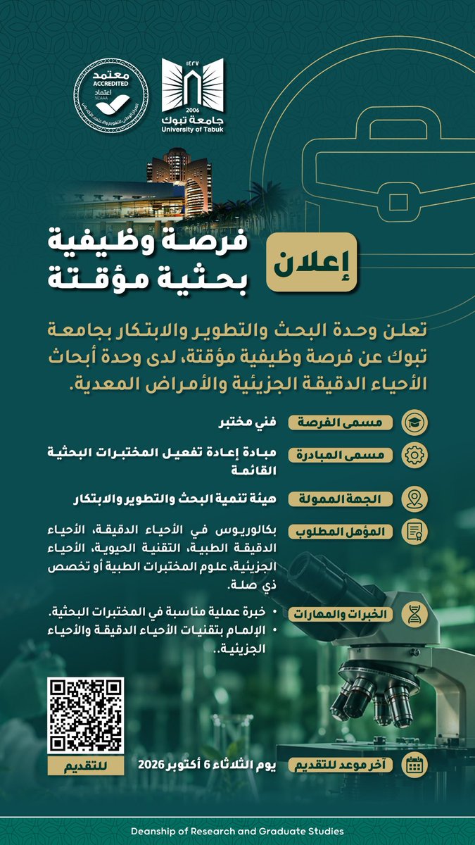 UT_DGS's tweet photo. تعلن وحدة البحث والتطوير والابتكار ب@U_Tabuk عن توفر فرصة وظيفية مؤقتة بمسمى «فني مختبر» للعمل لدى وحدة أبحاث الأحياء الدقيقة الجزيئية والأمراض المعدية، ضمن مبادرة إعادة تفعيل المختبرات البحثية القائمة، والممولة من @SaudiRDI https://t.co/WbXvWKPQpJ