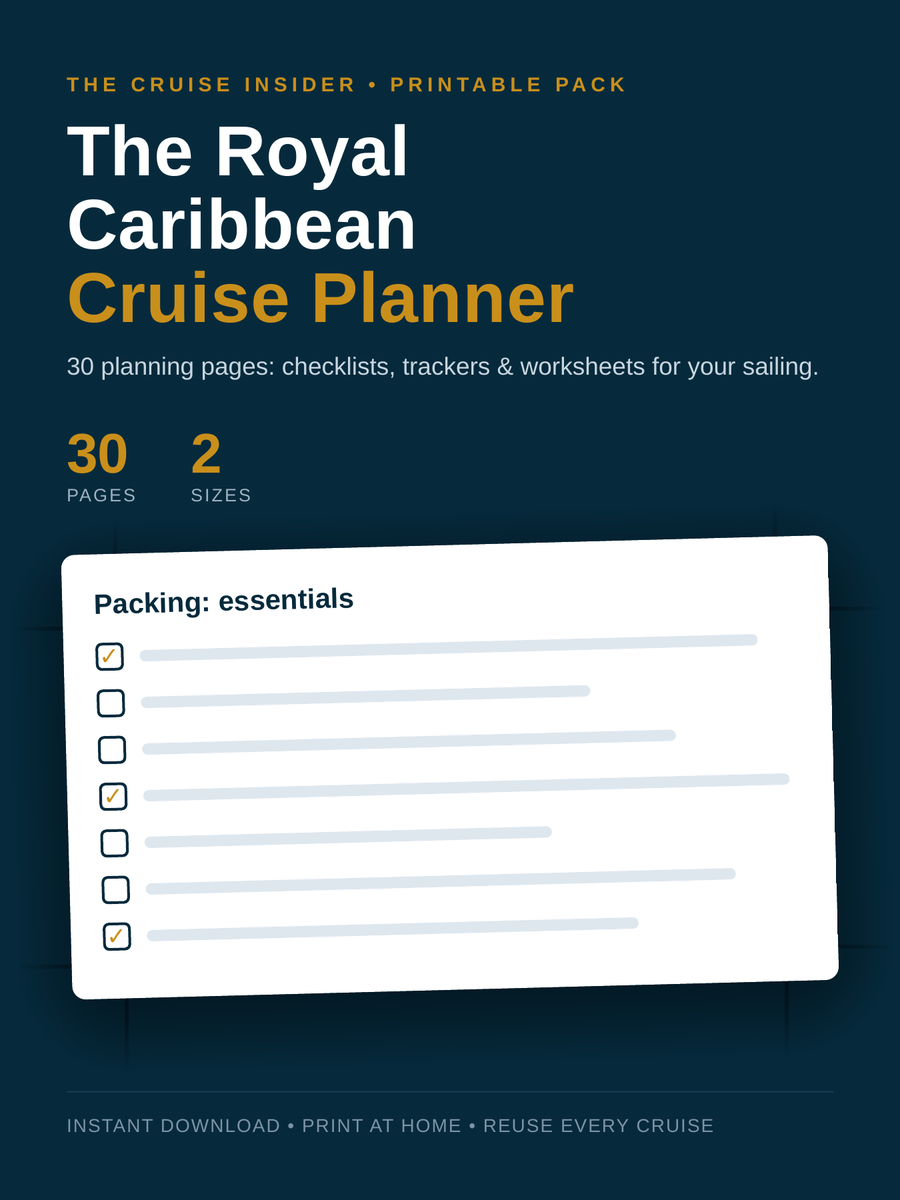 HookedCruising's tweet photo. New from The Cruise Insider: the Royal Caribbean Cruise Planner. 30 printable pages of checklists, trackers, and worksheets for your sailing, in US Letter and A4. The Royal Caribbean Cruise Planner is here: https://t.co/6mUphDUInd https://t.co/8lgk6g05T1